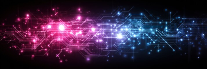 Poster - Futuristic digital circuitry with pink and blue glowing lights on black background