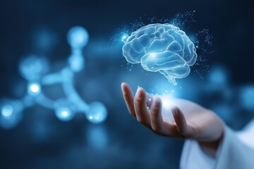 Poster - Futuristic visualization of digital brain in hand with molecular background