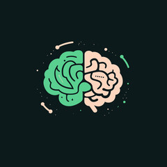 Poster - Minimalist flat vector illustration of human brain with green and beige hemispheres surrounded by abstract digital elements on black background