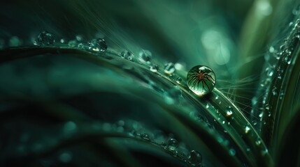 Poster - Close-up of raindrops on green leaves and spider web in the early morning at a garden in Spring
