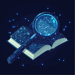 Poster - Low poly open book with magnifying glass digital mesh, science research concept, information search 3d vector illustration with glowing dots and lines network