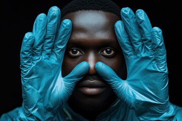 Poster - African scientist in blue protective gloves focuses on conducting tests in a laboratory environment emphasizing safety and precision during research activities