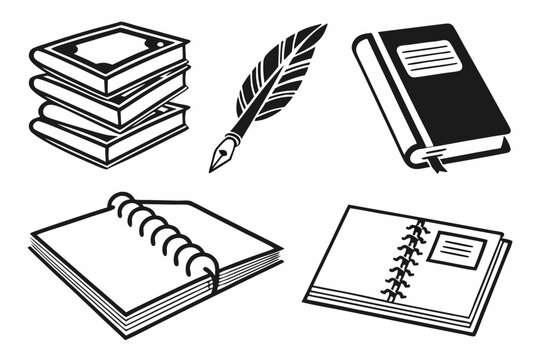 Stack of books and writing utensils isolated on white background