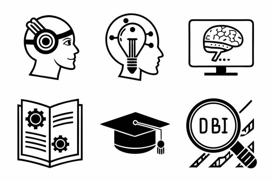 Icons of brain, education, and technology on white background