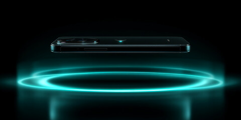 Poster - dark smartphone floats above a glowing teal circle, showcasing sleek design and modern technology, r