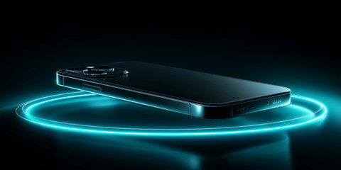 Poster - Black smartphone on glowing cyan circular platform, showcasing modern technology and sleek design, ideal for tech advertisement or website banner