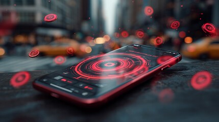 Poster - Red smartphone on dark surface, glowing red circles in background, showcasing technology and digital interface, ideal for tech or app advertisement