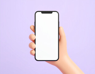 3D Cartoon hand holding smartphone isolated on purple background, Hand using mobile phone mockup. 3d render illustration