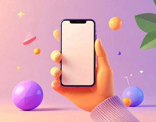 3D Cartoon hand holding smartphone isolated on purple background, Hand using mobile phone mockup. 3d render illustration