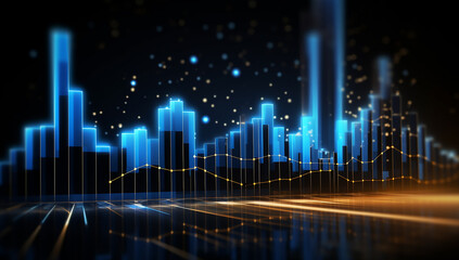 Abstract digital background with glowing data curves and bar graphs on a black, futuristic technology concept, suitable for web banner design