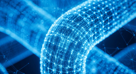 Poster - Abstract image of glowing blue network, nodes connected by lines, suggesting connectivity, technology, or global network communication