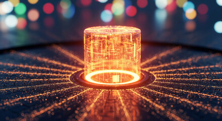 Poster - Glowing orange cylinder with data stream inside, set on dark circular platform, bokeh background.  Showcases technological advancement, digital data, or futuristic concept