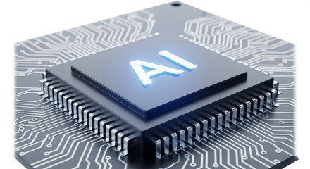 Fototapete - Close-up of AI chip on circuit board, showcasing technological advancement, representing artificial intelligence and innovation in computing