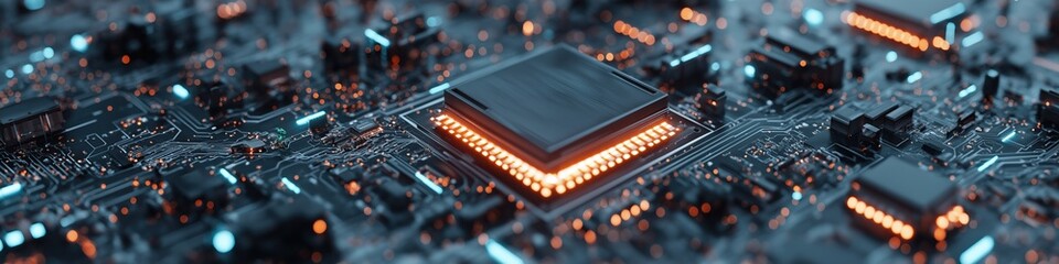Poster - A computer chip with a glowing orange center. The chip is surrounded by other computer chips and wires