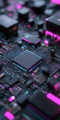 Poster - A close up of a computer chip with a purple background. The chip is surrounded by a purple glow