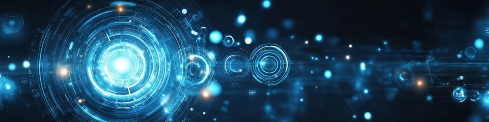 Fototapete - A blue background with a large circle in the middle. The circle is surrounded by smaller circles. The background is filled with bright, glowing dots
