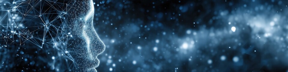 Poster - A blue and white image of a face with a lot of dots and lines. The image is abstract and has a futuristic feel to it