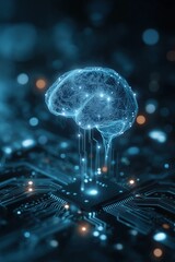 Fototapete - a computer chip with a brain on top of it. the brain is blue and the chip is black