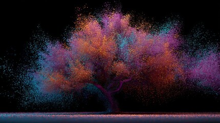 Poster - Abstract Colorful Particle Tree Digital Art Vivid Orange Purple Teal Blue Glowing Energy Explosion Nature Fantasy Background Design Illustration Graphic Dark Dust Shine  