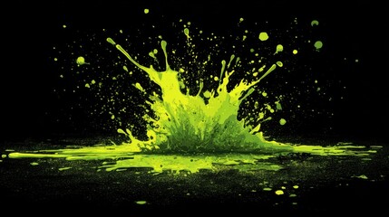 Poster - Vivid green paint splashes energetically against a dark backdrop, creating abstract patterns that evoke creativity and movement in an artistic environment.