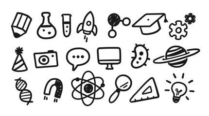 Wall Mural - vector illustration of education and science hand drawn icons. black line art, isolated.