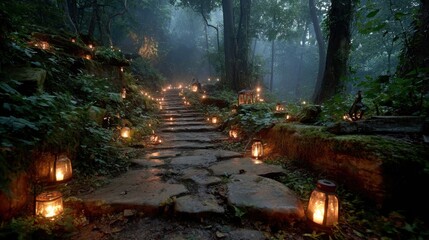 Wall Mural - a winding stone path through a dense forest glows with the soft light of lanterns at dusk. the atmos