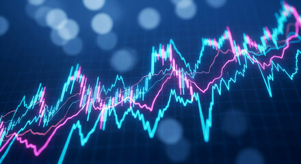 Poster - abstract image of glowing blue and pink stock market chart lines on dark background, symbolizing fin
