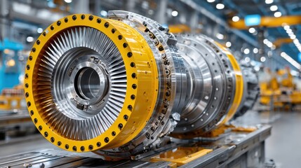 Poster - Inside a manufacturing facility, a turbine engine assembly is prominently displayed on a workstation, highlighting intricate design and precision components essential for modern aviation.