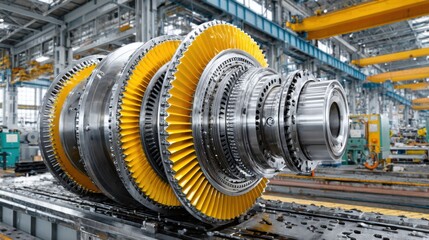 Poster - A large turbine assembly is prominently displayed in a busy manufacturing facility, illustrating the complexity of modern engineering. Bright yellow gears contrast with metallic components.