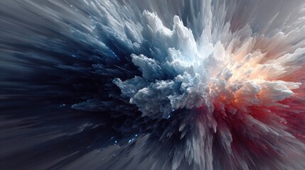 Poster - Bright clouds burst into vibrant colors, creating a stunning visual display. The dynamic arrangement showcases a blend of blue, red, and white hues, evoking a sense of energy and movement.