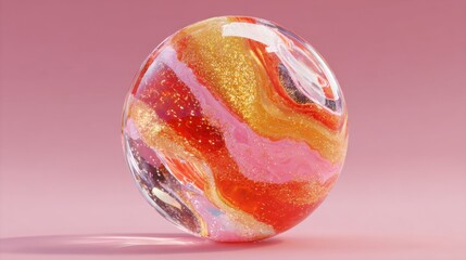 Poster - A vibrant glass sphere displays intricate swirling patterns of pink, orange, and gold colors. The glitter adds an eye-catching sparkle, enhancing its delicate beauty.