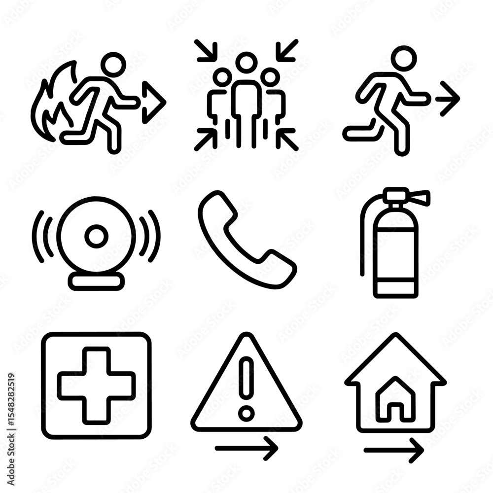 Emergency Icons Collection. Line style icons of emergency signage: fire ...