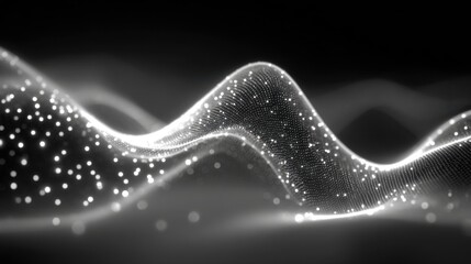 Poster - Floating waves of light create a mesmerizing pattern, showcasing tiny luminous particles that shimmer against a dark background, creating an ethereal atmosphere.