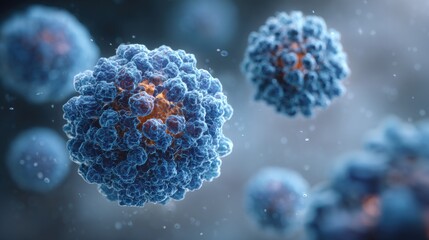 Poster - Close-up view of colorful viruses reveals their complex structure and surface features. The setting illustrates the microscopic world of viral entities in action.