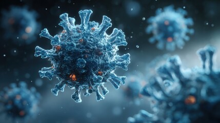 Poster - A detailed microscopic view reveals the complex structure of a virus, highlighting its spikes and surface features in a study conducted in a laboratory setting.