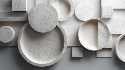 Poster - Geometric shapes in various sizes and textures arranged in an artistic display on a smooth wall. The white color enhances the minimalist aesthetic and adds depth to the interior space.