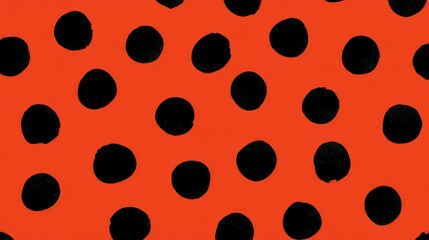 Poster - A series of evenly spaced black polka dots rest on a bright orange background. The bold colors create a striking and energetic pattern suitable for various artistic applications.