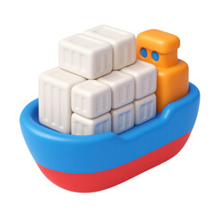 Poster - 3d icon in plastic style of a colorful cargo ship with stacked containers, representing transportation and logistics in a playful design