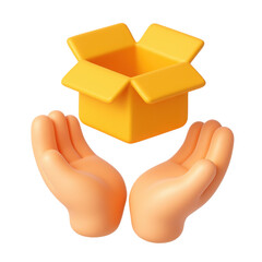 Poster - 3d icon in plastic style depicting hands holding a yellow open box, symbolizing care, delivery, and packaging in a modern digital design context
