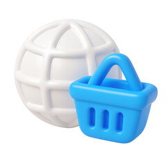 Poster - 3d icon of a shopping basket and globe representing online shopping, e-commerce, and global connectivity in a playful plastic style