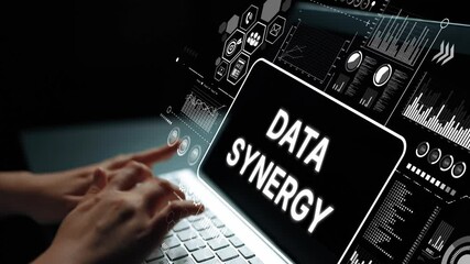 Poster - Hands Typing on Laptop with Data Synergy Graphics Showing Technology and Digital Analysis Concept. Asymptotic smart data analytic.