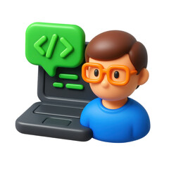 Aufkleber - 3d icon in plastic style depicting a cartoon programmer with glasses, laptop, and code bubble, symbolizing technology and creativity in digital design