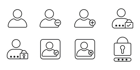 Poster - user icon set, and account symbols in line style, featuring profile, profile, status, and security features, group, for UI and web interfaces.