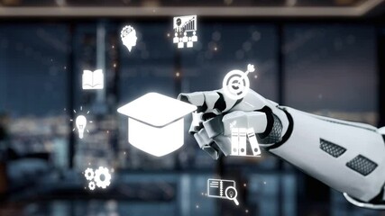 Poster - A futuristic robot hand interacts with various educational icons, symbolizing the integration of technology in learning and knowledge within a modern digital space. Auvana
