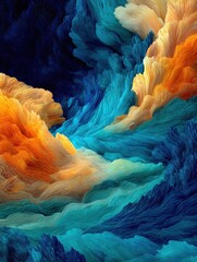 Poster - Dynamic digital art piece featuring vibrant abstract waves in blue and orange hues blending seamlessly to create an ethereal and fluid design