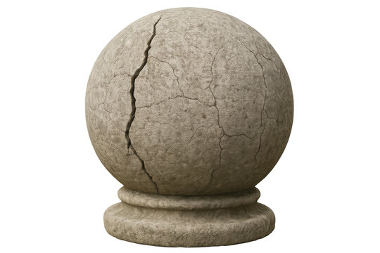 Cracked stone sphere on a plinth with transparent background