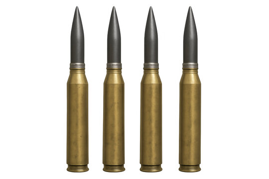 Four artillery shells standing on transparent background