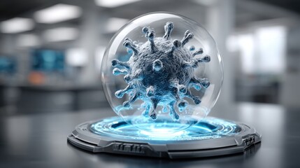 Poster - A detailed representation of a virus encapsulated within a clear protective sphere, set against a modern laboratory backdrop with advanced technology and glowing elements.