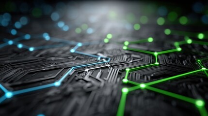 Poster - A close-up view of a circuit board featuring intricate patterns illuminated by glowing blue and green lights. This advanced technology design highlights innovation and connectivity.