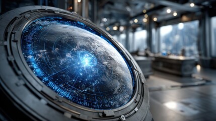 Poster - A high-tech display presents a detailed view of Earth surrounded by digital data in a futuristic control room. Bright lights and advanced equipment create a unique atmosphere for space monitoring.
